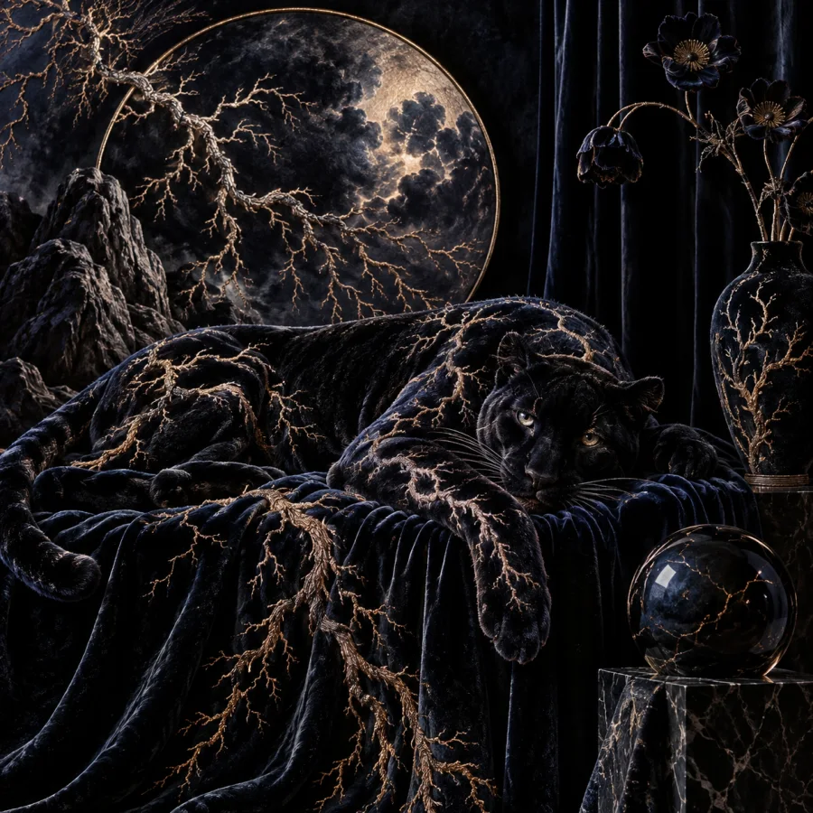 Velvet Thundergraph: Electric branching relief embroidered in thick velvet pile, midnight colors and directional sheen.