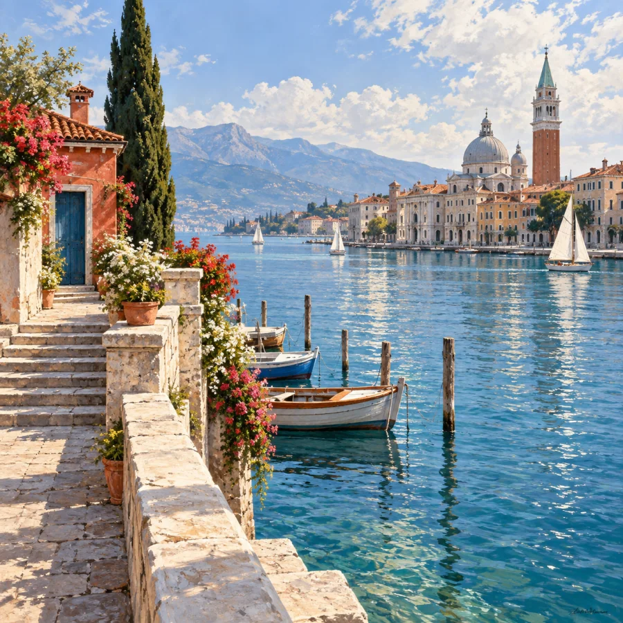Venetian Veduta: Panoramic architecture in lucid daylight