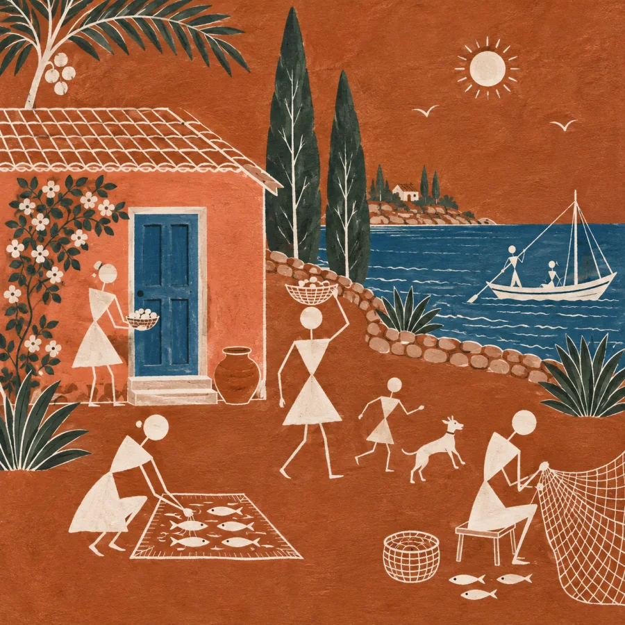 Warli-Inspired Painting: Pale geometric figures on an earthen field