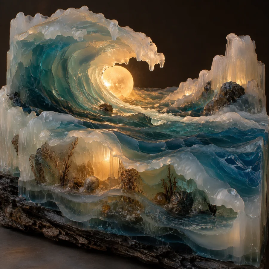 Wax Ocean Relief: Translucent wax layers shaped into wave topography with milky depth and softly glowing embedded pigment.