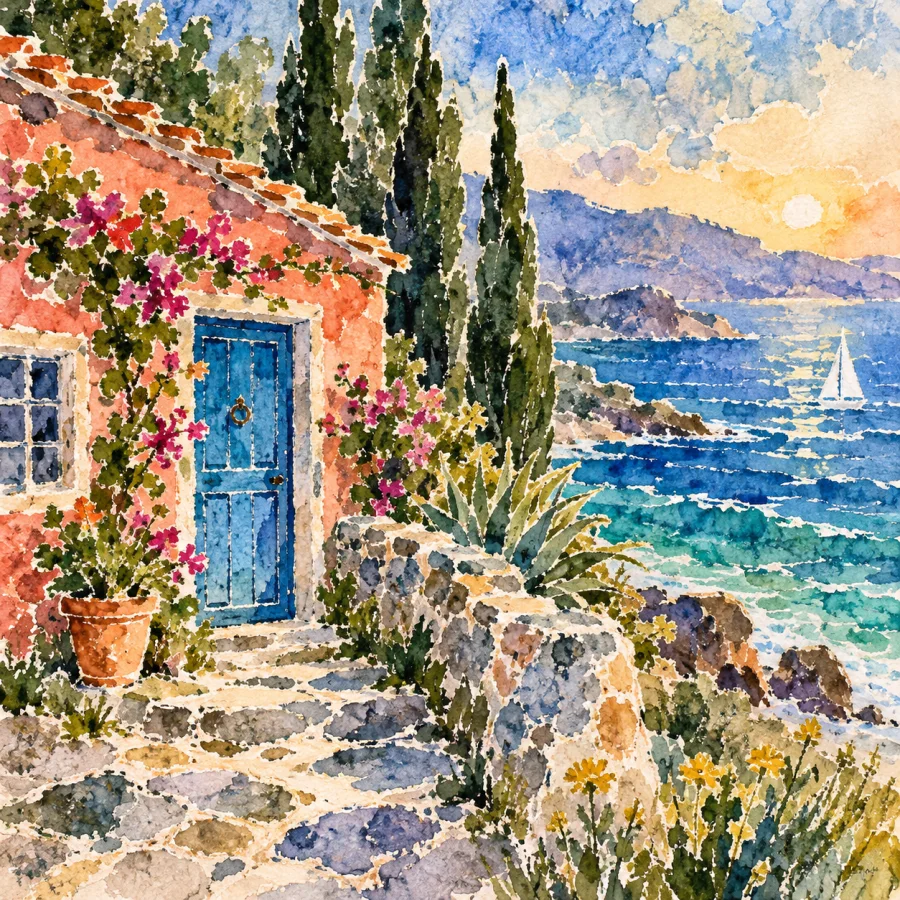 Wax-Resist Watercolor: Pale wax marks breaking through flowing color