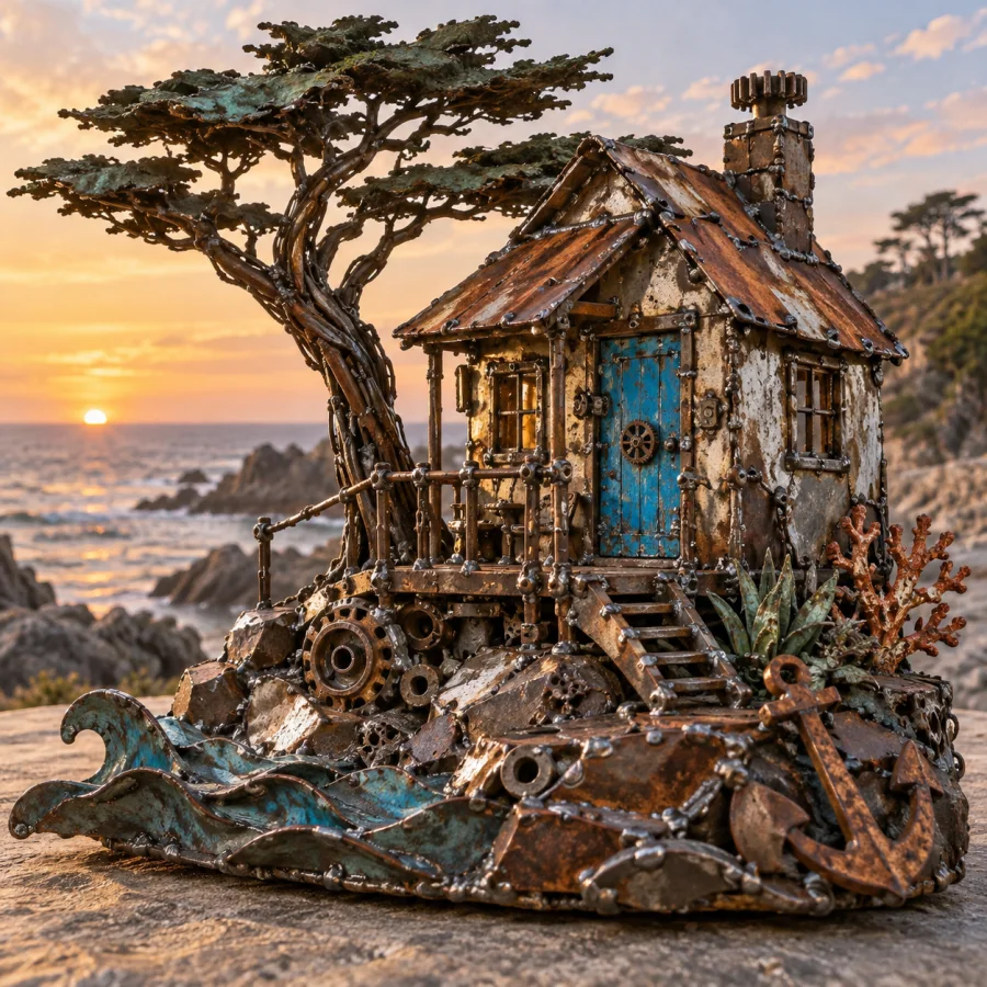 Welded Scrap Sculpture: Found metal fragments joined into lively form