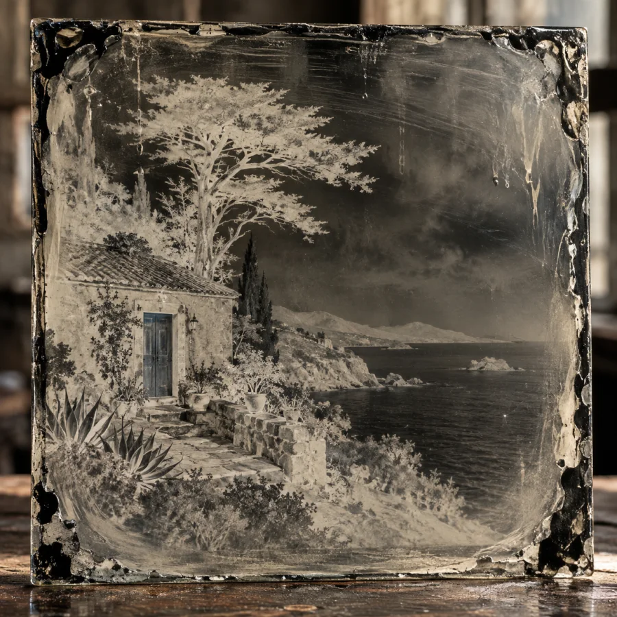 Wet-Plate Glass Negative: Transparent tones and chemical edge traces