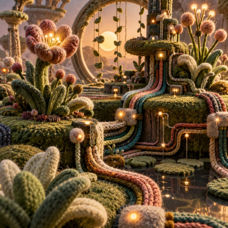 Woolen Circuit Garden: Felted electronic-looking pathways sprouting soft plants, chunky yarn traces and tiny fuzzy junctions.