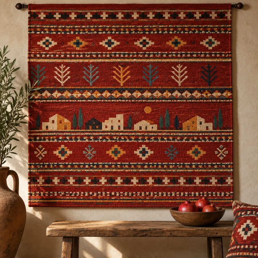 Zemmour Flatweave: Dense flatwoven wool, narrow patterned horizontal bands and rich red grounds with small bright geometric accents.