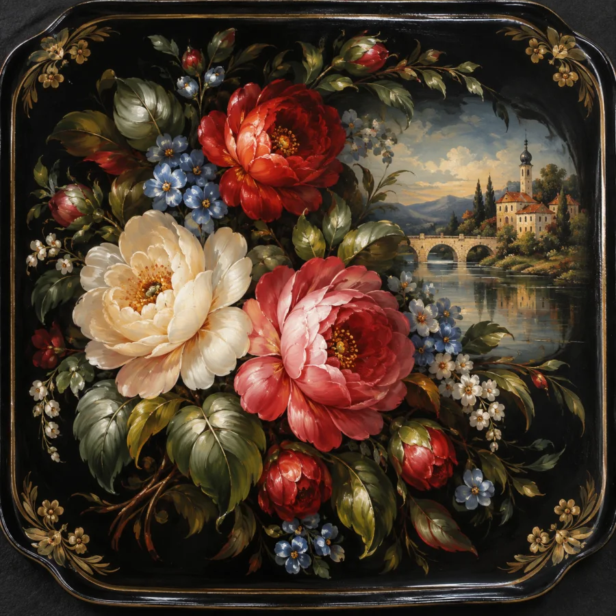 Zhostovo Tray Painting: Lush painterly floral clusters on dark lacquered metal, soft blended petals and bright gestural highlights.
