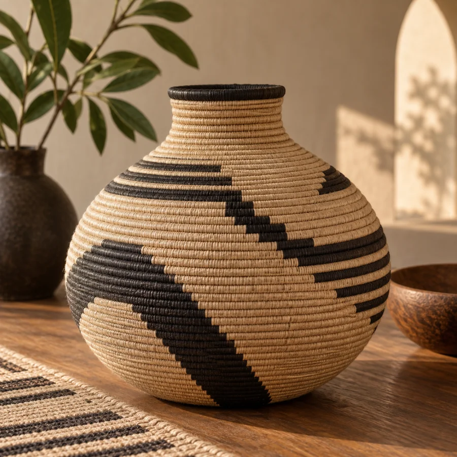 Zulu Ilala Basketry: Tightly coiled palm fiber vessels with natural tan grounds and dark geometric bands.