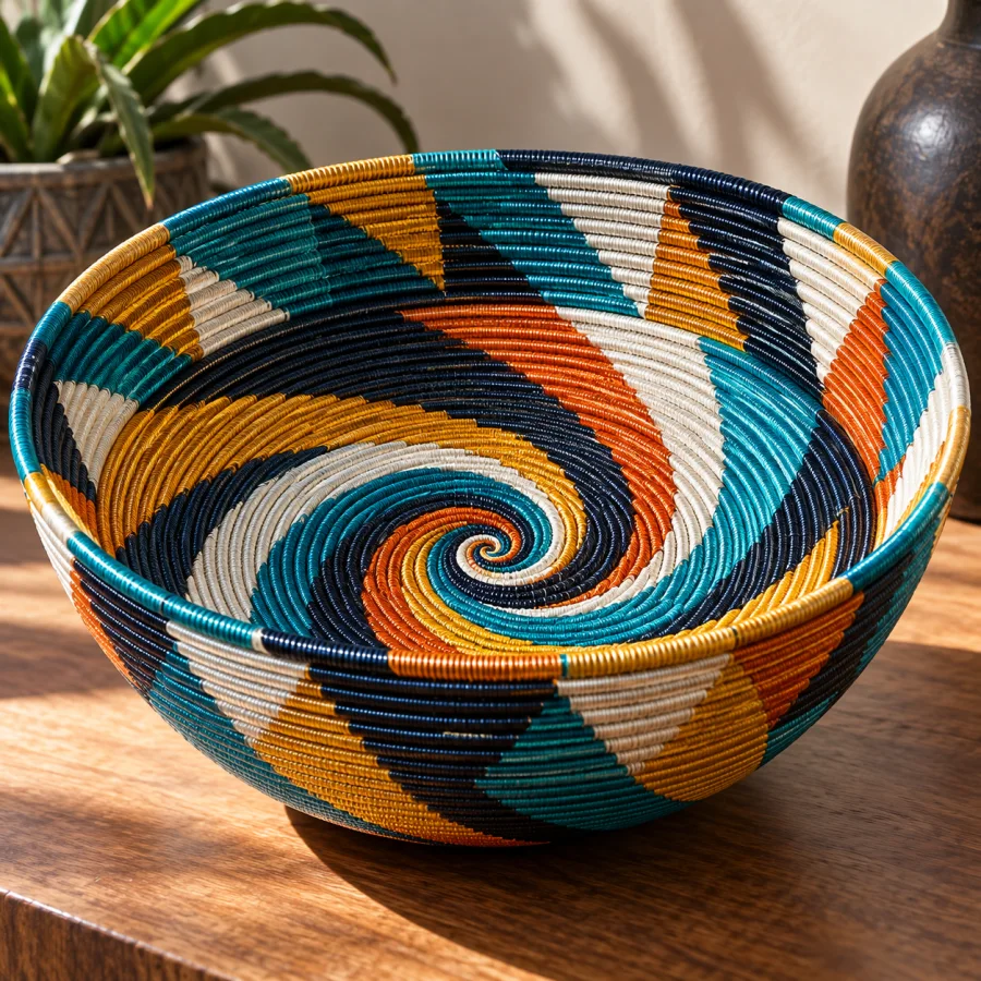 Zulu Telephone-Wire Basketry: Coiled colored wire forming spiraling woven geometry, bright glossy surfaces and precise concentric tension.