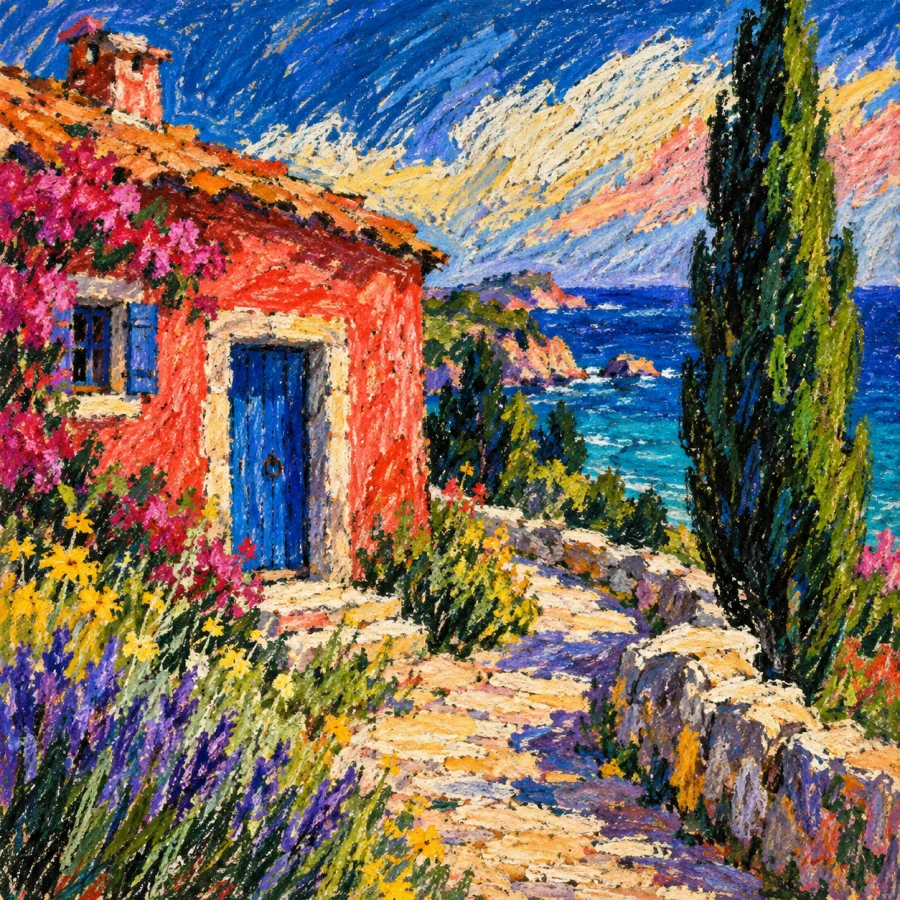 Oil Pastel: Thick, waxy streaks of color